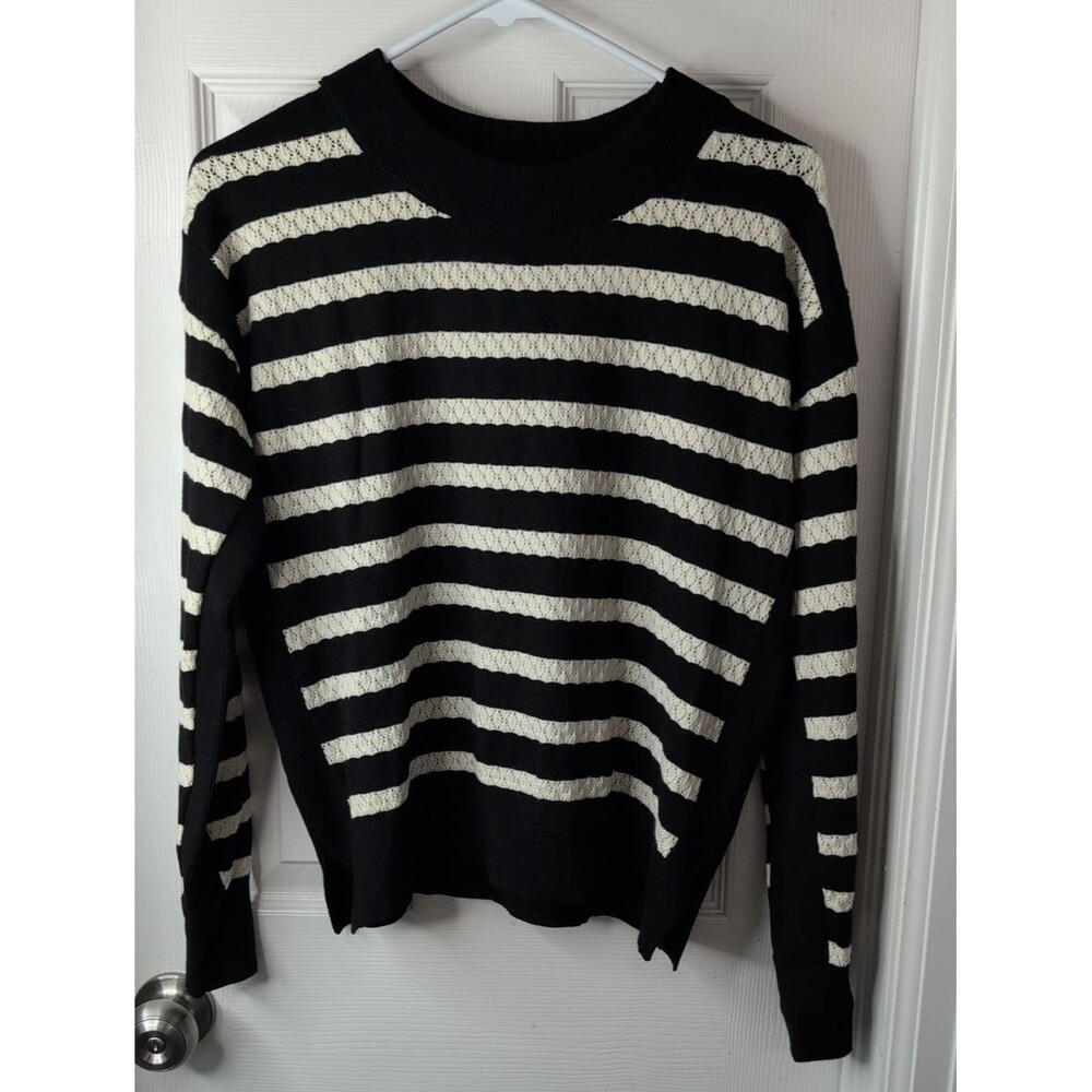 Tahari Black and Cream Striped Scoopneck Sweater Size S